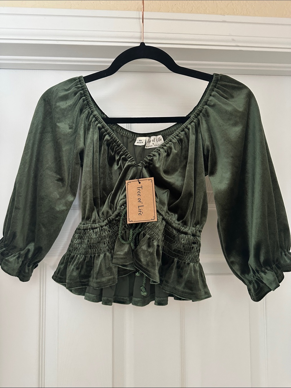 Tree of Life Olive Velvet Tie-Front Smocked Crop Top